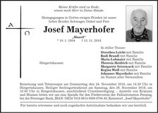 Traueranzeige Josef Mayerhofer