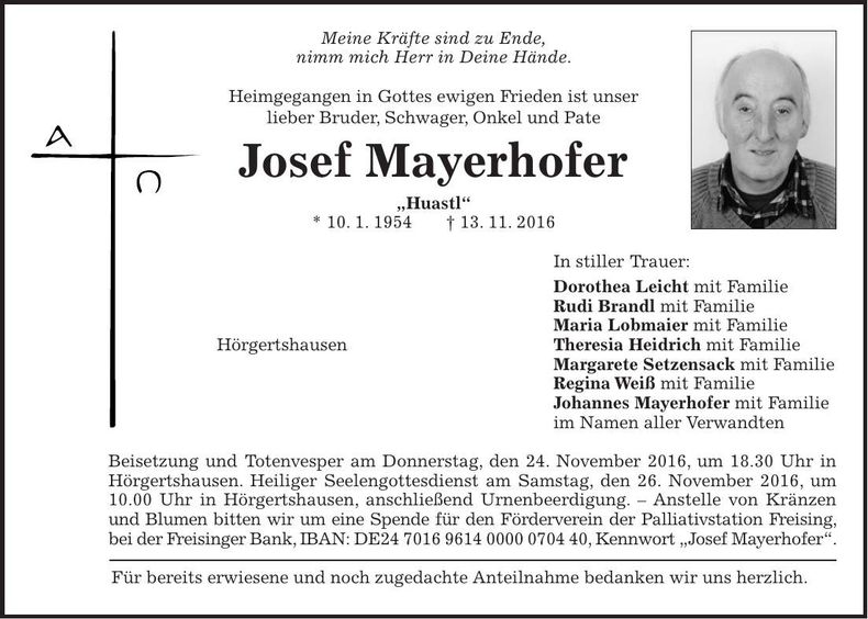 Traueranzeige Josef Mayerhofer