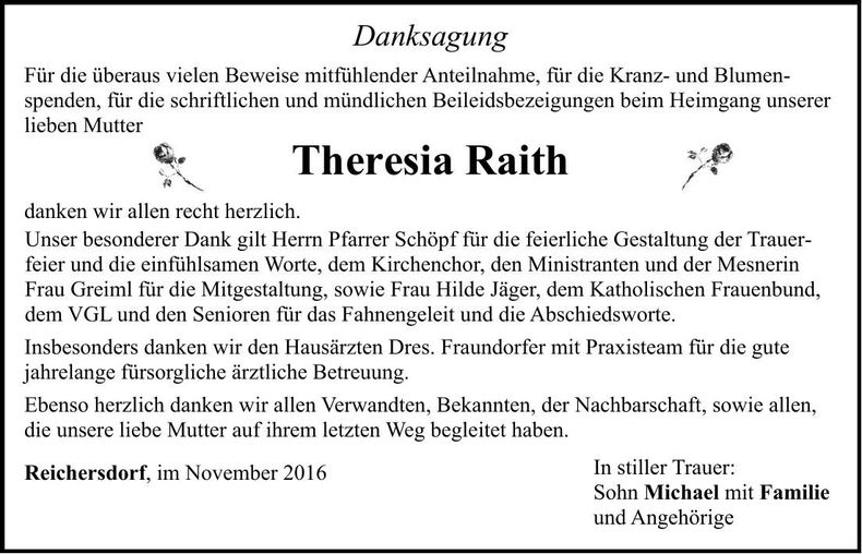 Traueranzeige Theresia Raith