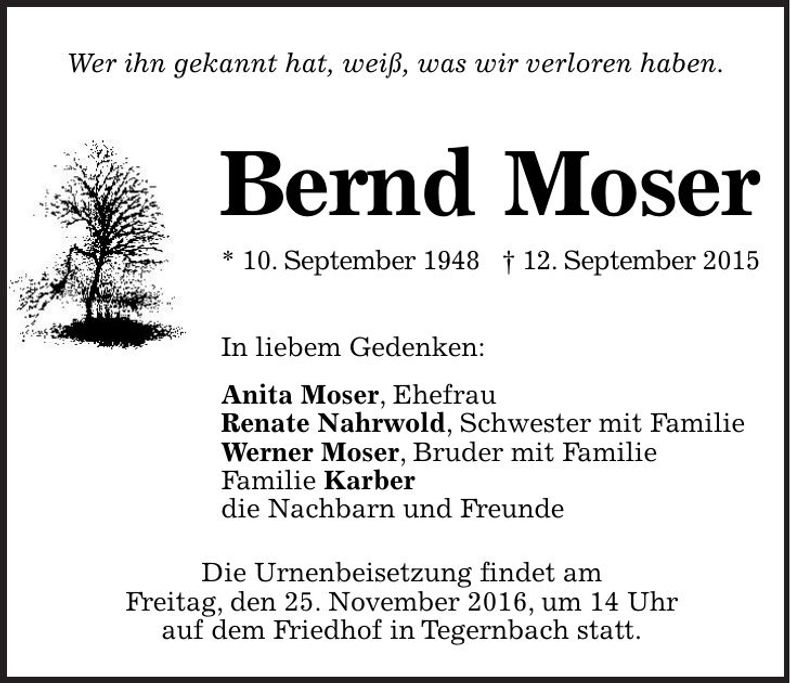Traueranzeige Bernd Moser