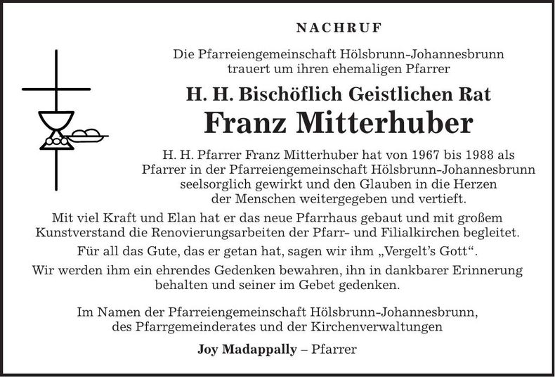 Traueranzeige Franz Mitterhuber