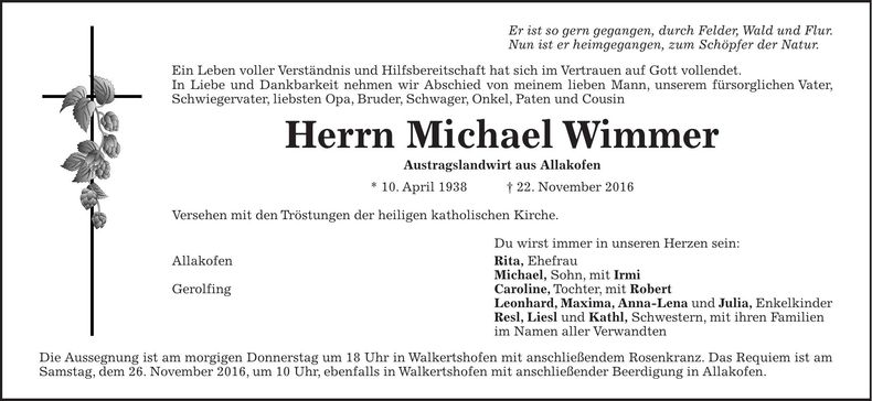 Traueranzeige Michael Wimmer