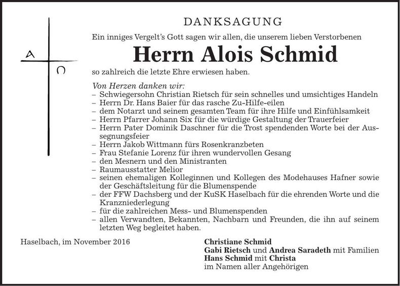 Traueranzeige Alois Schmid