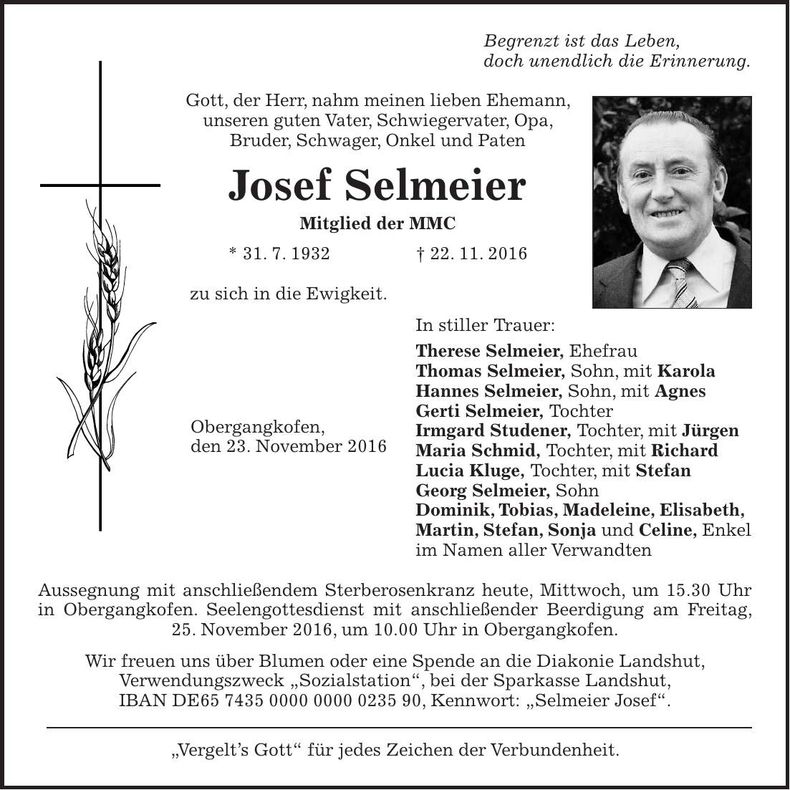 Traueranzeige Josef Selmeier