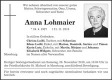 Traueranzeige Anna Lohmaier