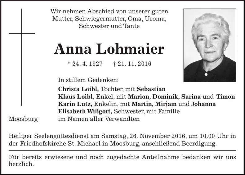 Traueranzeige Anna Lohmaier