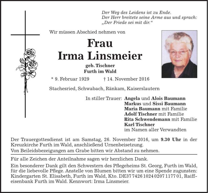 Traueranzeige Irma Linsmeier