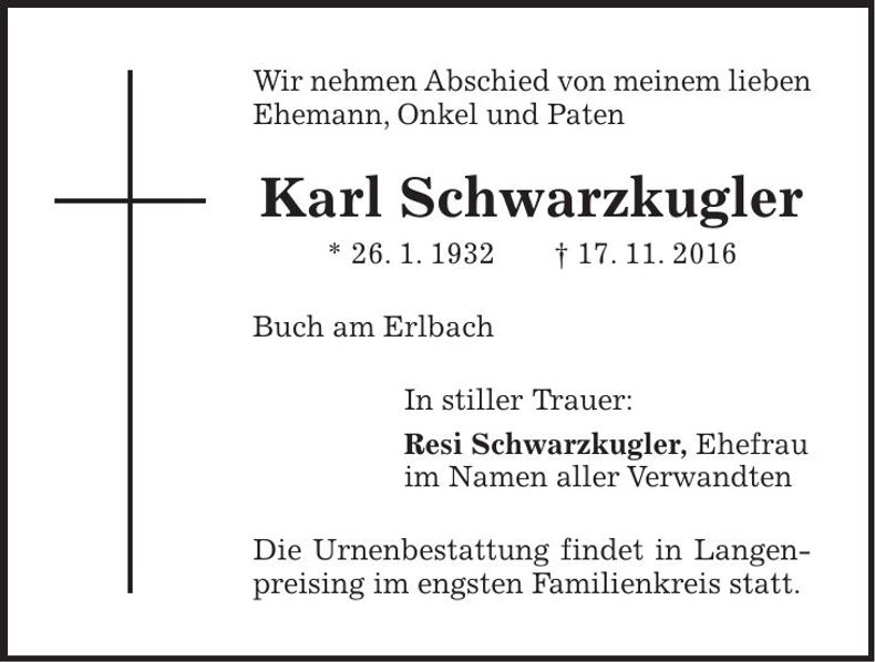 Traueranzeige Karl Schwarzkugler