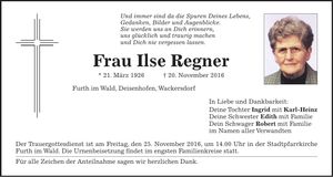 Traueranzeige Ilse Regner