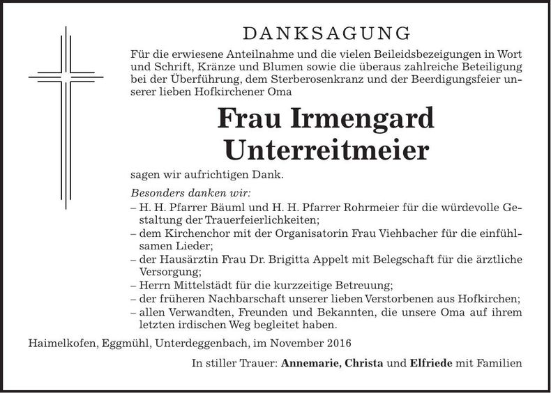 Traueranzeige Irmengard Unterreitmeier