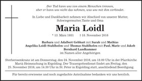 Traueranzeige Maria Loidl
