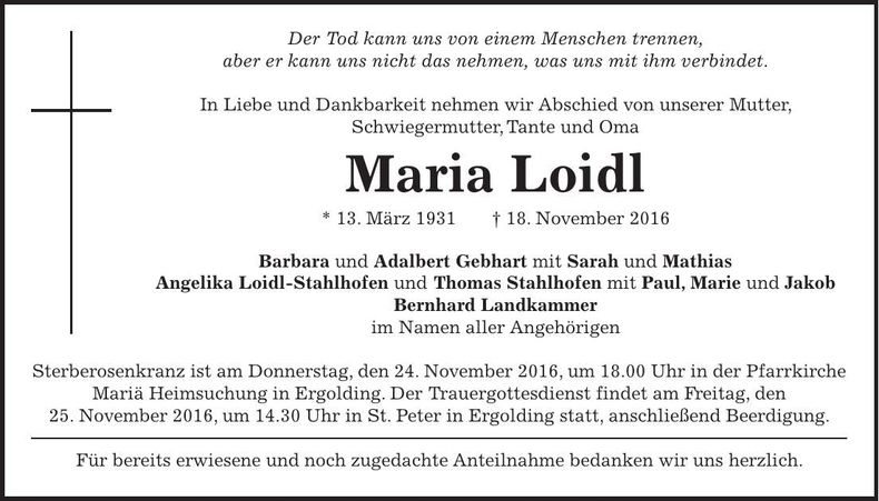Traueranzeige Maria Loidl