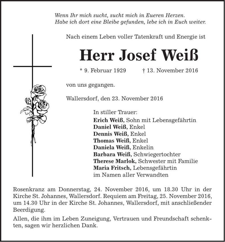 Traueranzeige Josef Weiß