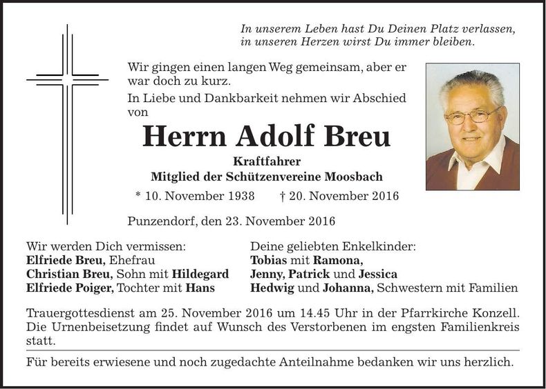 Traueranzeige Adolf Breu