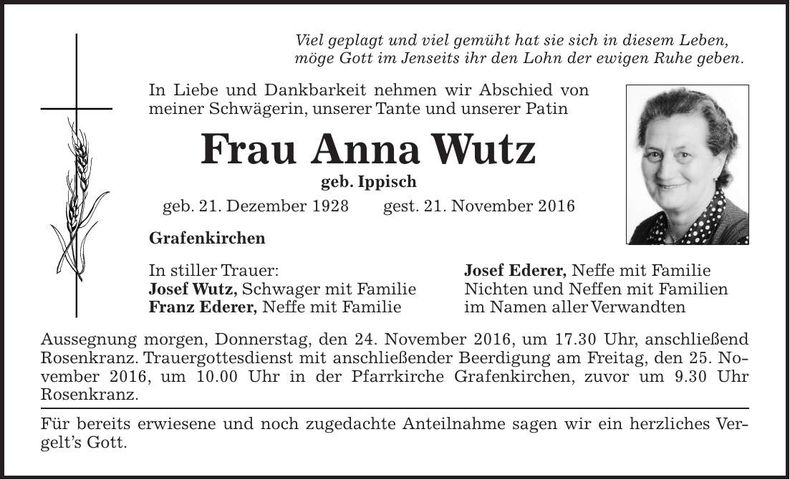 Traueranzeige Anna Wutz