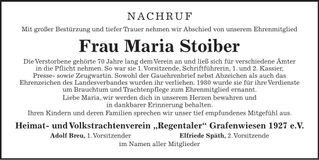 Traueranzeige Maria Stoiber