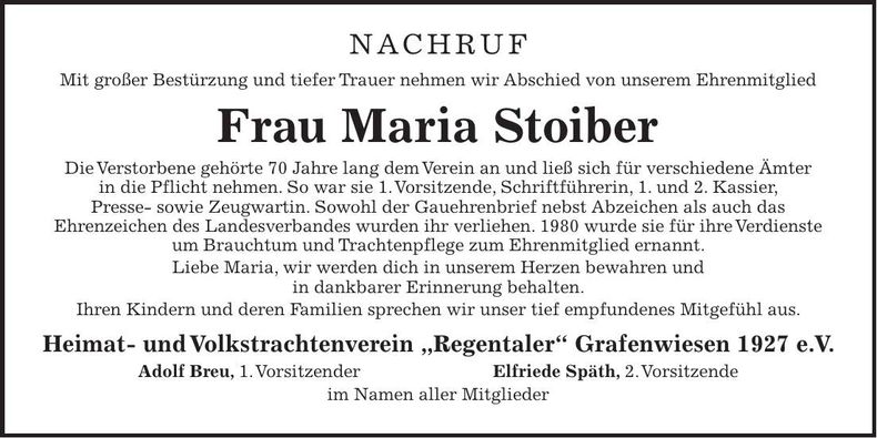 Traueranzeige Maria Stoiber