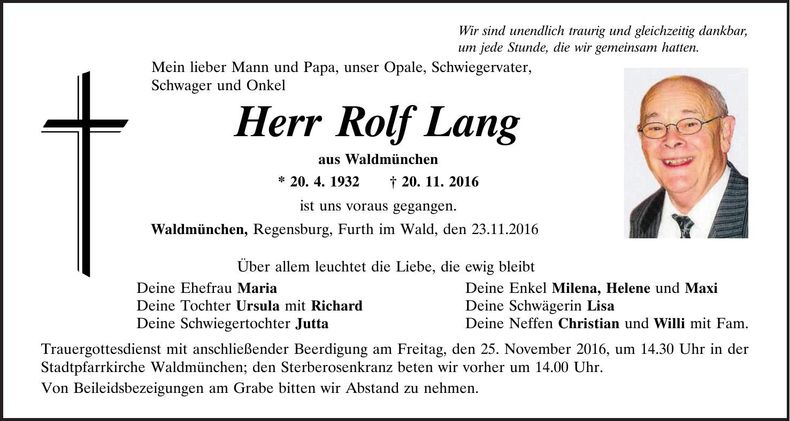Traueranzeige Rolf Lang