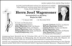 Traueranzeige Josef Wagensoner
