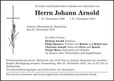 Traueranzeige Johann Arnold