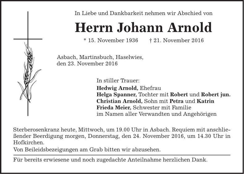Traueranzeige Johann Arnold