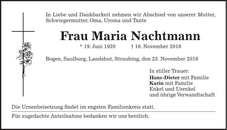 Traueranzeige Maria Nachtmann