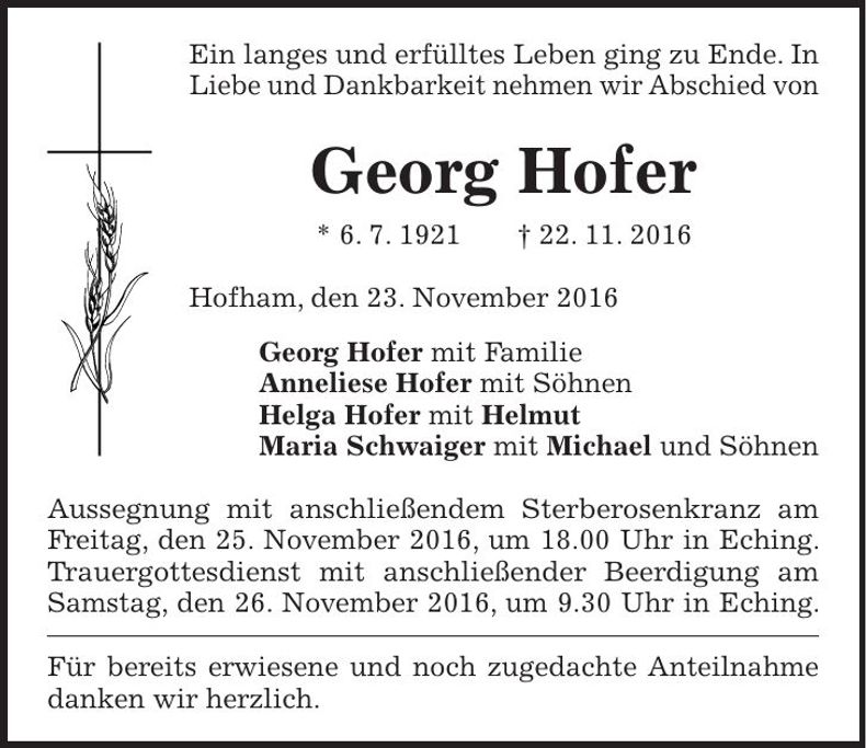 Traueranzeige Georg Hofer