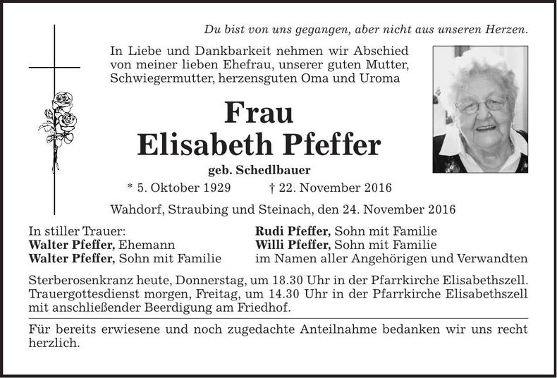 Traueranzeige Elisabeth Pfeffer