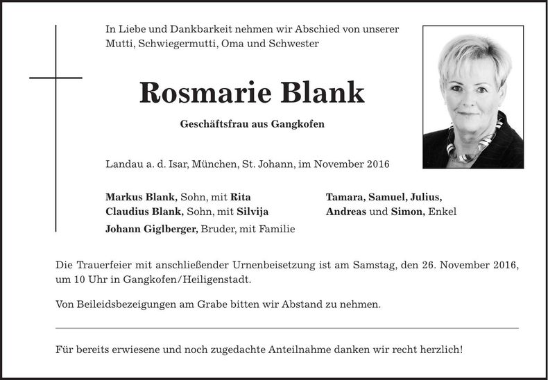 Traueranzeige Rosmarie Blank