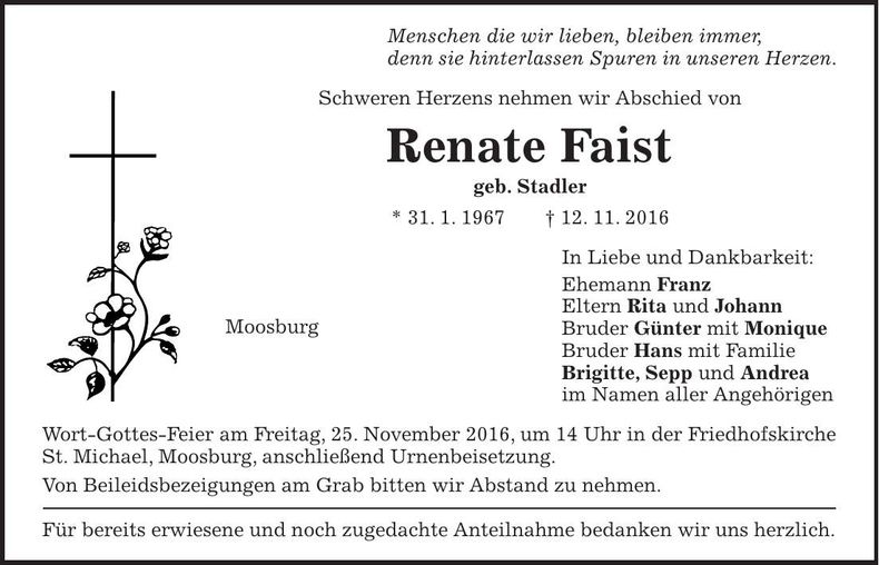 Traueranzeige Renate Faist