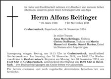 Traueranzeige Alfons Reitinger