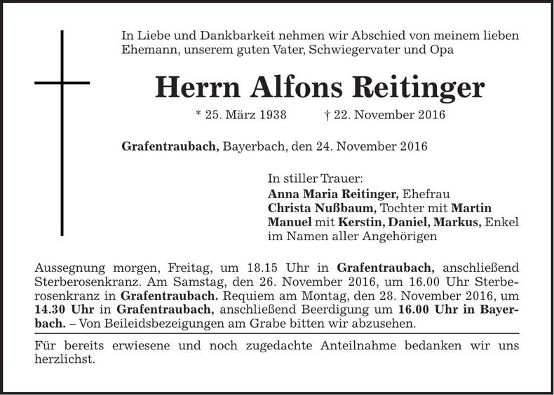 Traueranzeige Alfons Reitinger