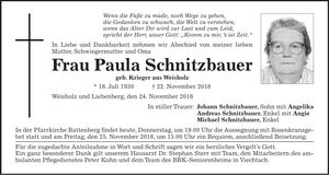 Traueranzeige Paula Schnitzbauer