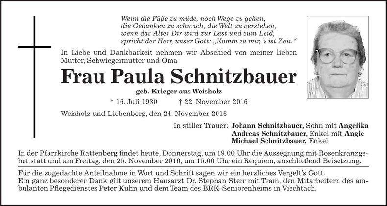 Traueranzeige Paula Schnitzbauer