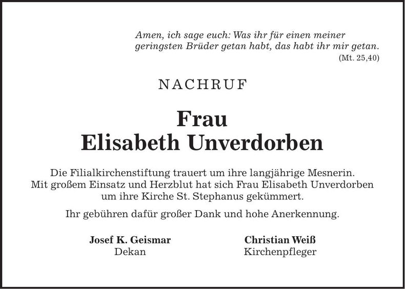 Traueranzeige Elisabeth Unverdorben