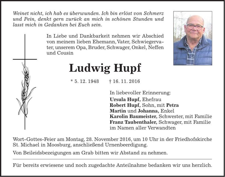 Traueranzeige Ludwig Hupf