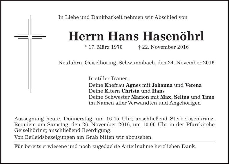 Traueranzeige Hans Hasenöhrl