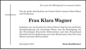 Traueranzeige Klara Wagner