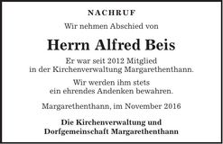 Traueranzeige Alfred Beis
