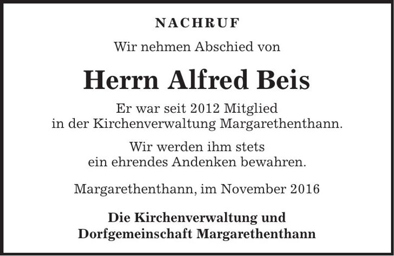 Traueranzeige Alfred Beis