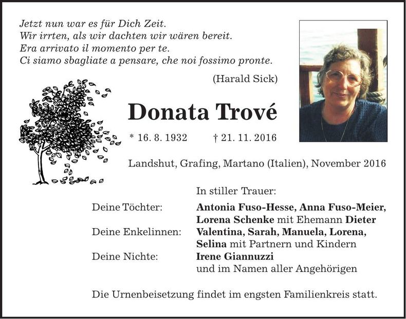 Traueranzeige Donata Tové