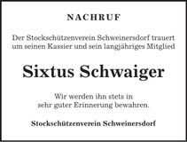 Traueranzeige Sixtus Schwaiger