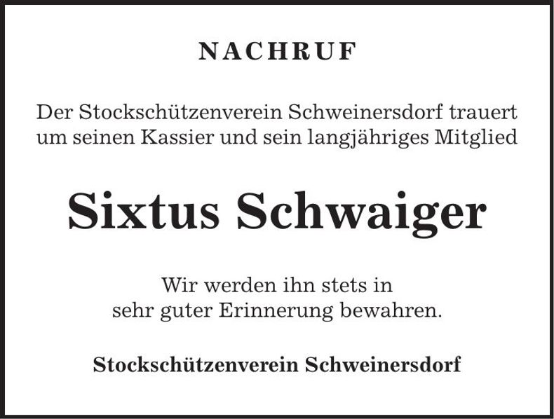 Traueranzeige Sixtus Schwaiger