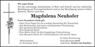Traueranzeige Magdalena Neuhofer