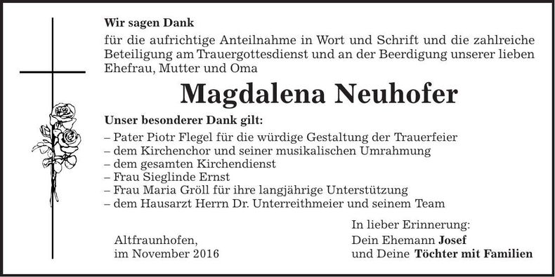 Traueranzeige Magdalena Neuhofer