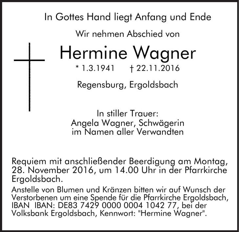 Traueranzeige Hermine Wagner