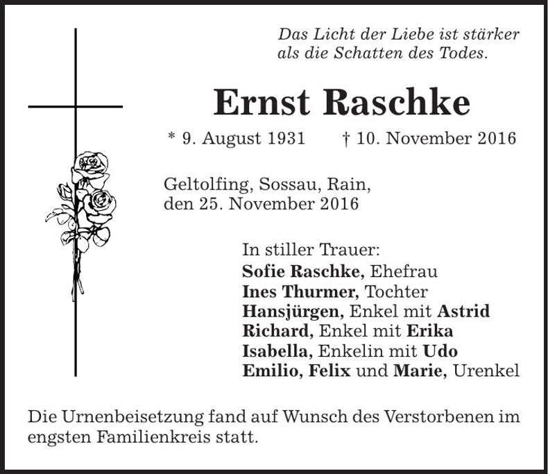 Traueranzeige Ernst Raschke