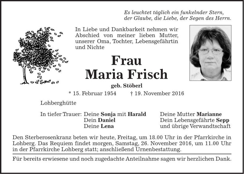 Traueranzeige Maria Frisch