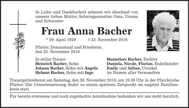 Traueranzeige Anna Bacher