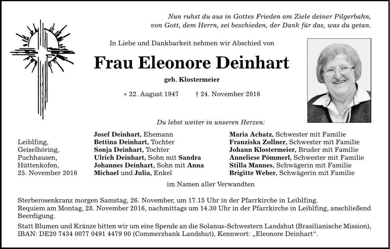 Traueranzeige Eleonore Deinhart